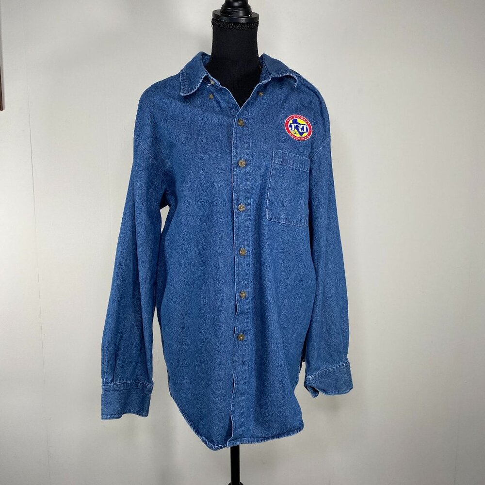 Open Trails Denim Long Sleeve Top Women's Large Blue "Gulf Coast Network" Logo